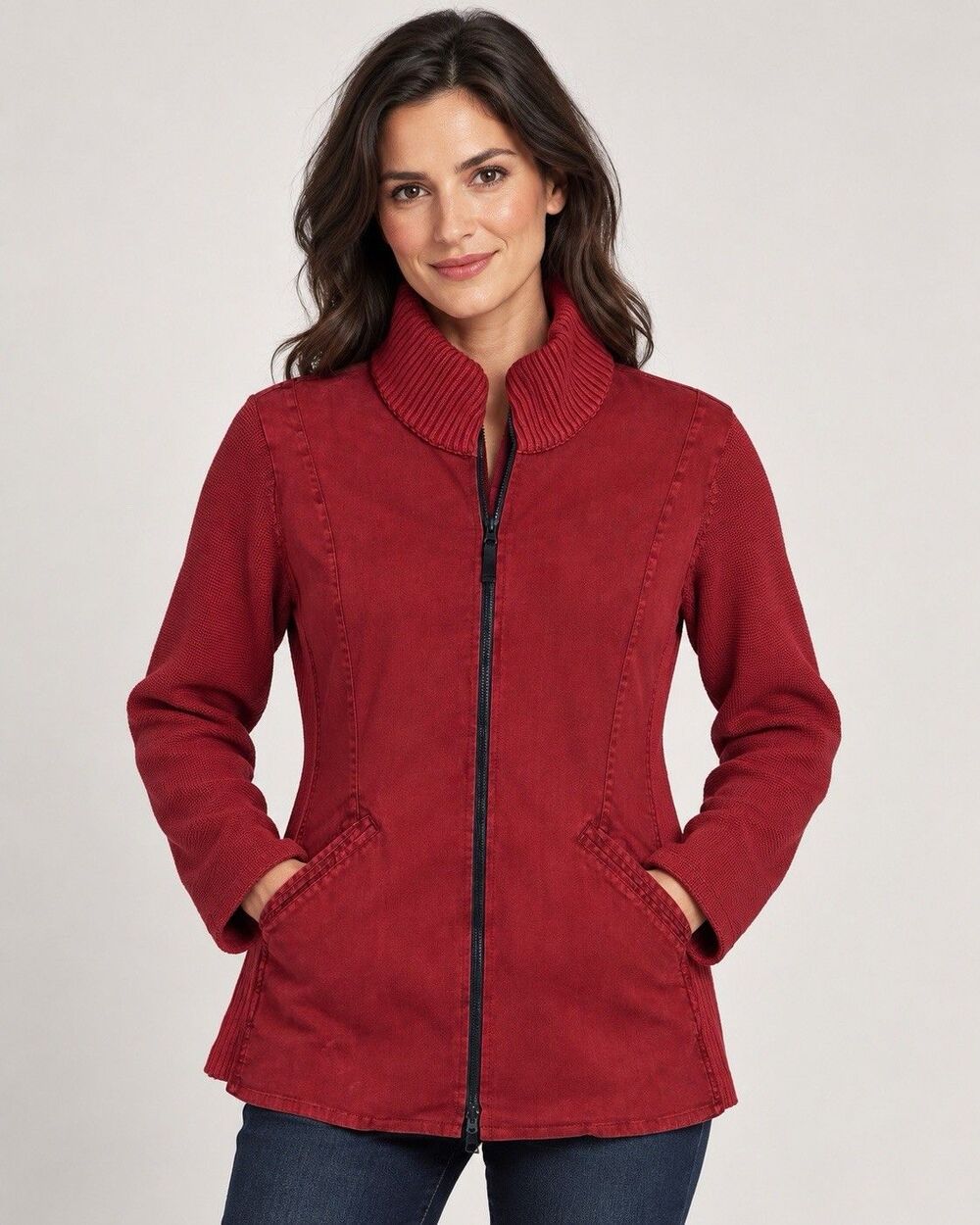Damask Women’s Large Burgundy Mixed Media Knit Zip Jacket Cardigan